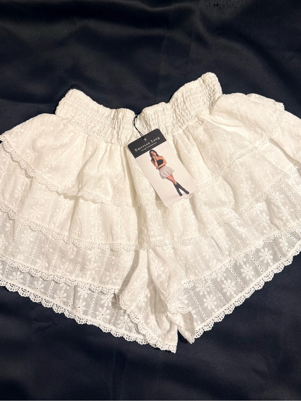 Emerson Lane White Smocked High-Waist Eyelet Skirted Shorts